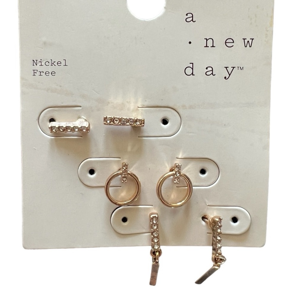 A New Day Gold Dainty Earrings Set 3 Pairs Stud Hoop Bar Stackable Cute